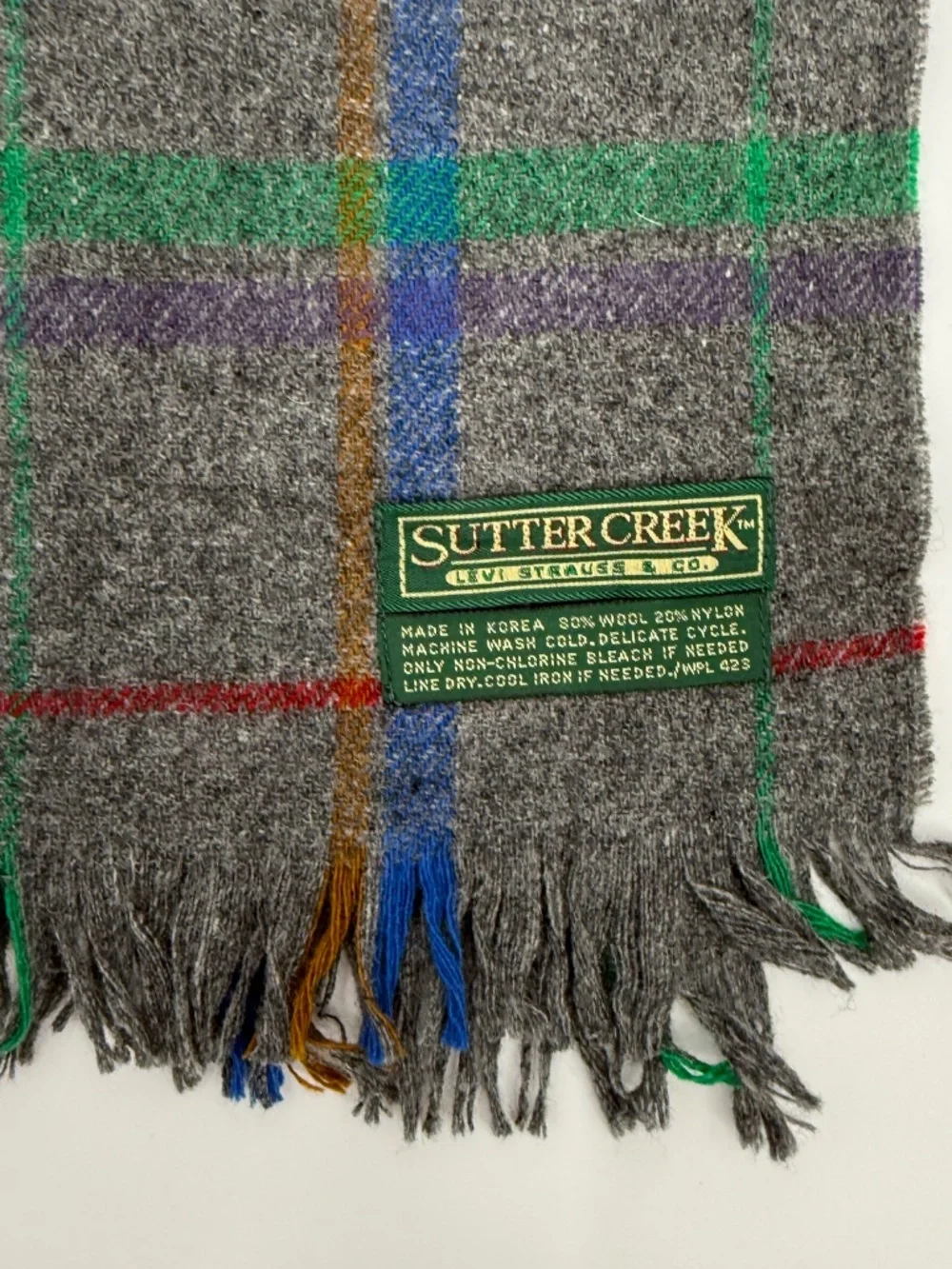 Vintage 90s Levi Strauss Sutter Creek Wool Blend Gray Plaid Fringe Winter Scarf